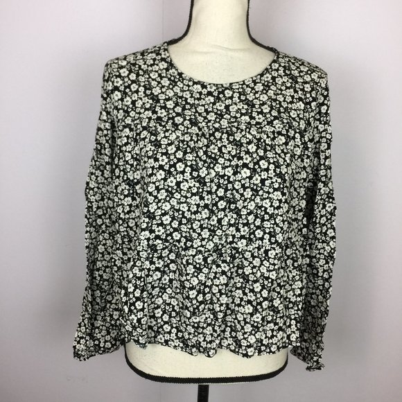 GAP Blouse Tiered Top Size L Womans Black White Floral Rayon 3/4 Sleeve Keyhole - Picture 1 of 15